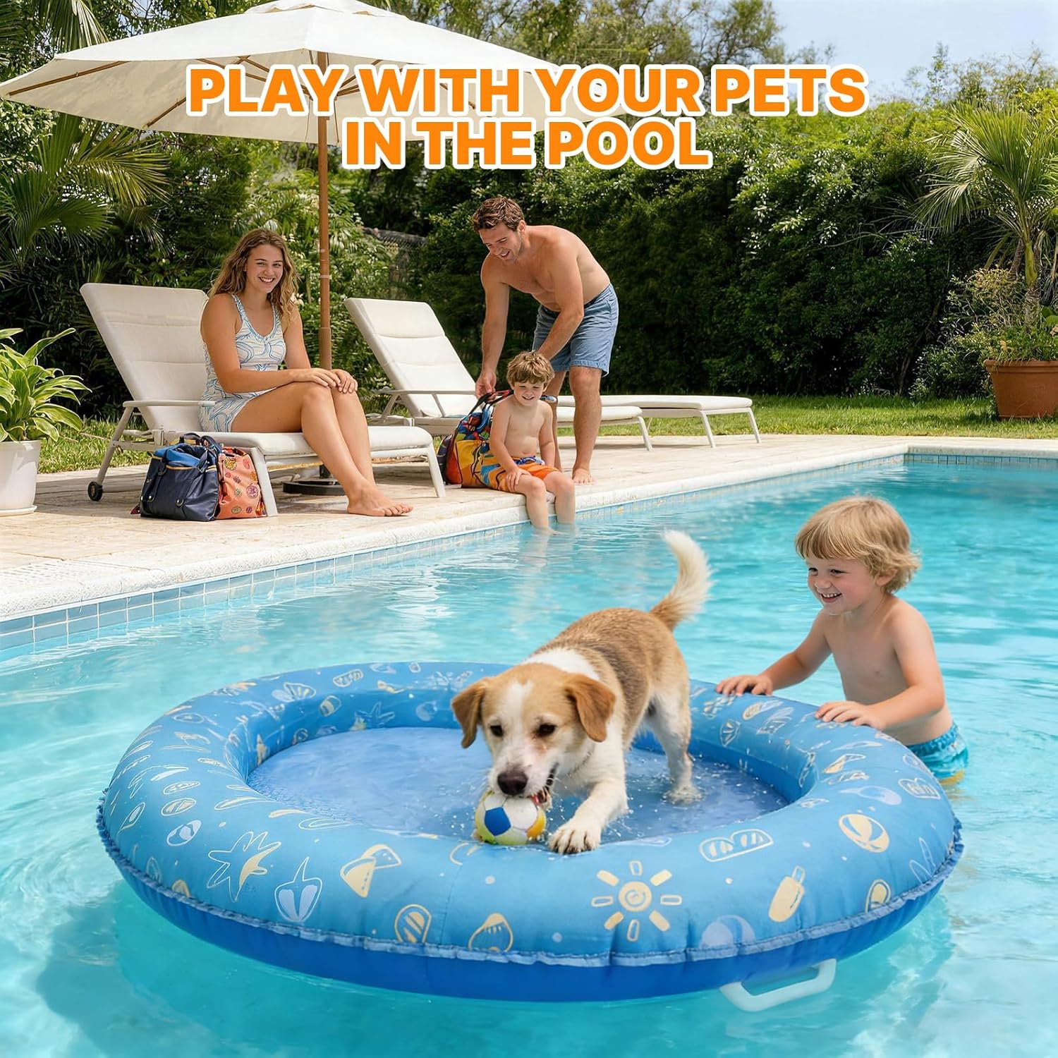 BurgeonNest Dog Pool Float Raft, 57"x39" Dog Raft for Small Medium Dogs up to 80 lbs, 2-in-1 Dry & Cooling Mode with Adjustable Drain Hole, Tear-Resistant Fabric & Sturdy Handle for Pool Lake River
