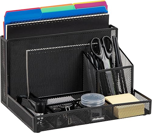 Mind Reader Organizador de escritorio con suministros de oficina incluidos, archivo vertical, almacenamiento, metal, 12.5 pulgadas de largo x 9