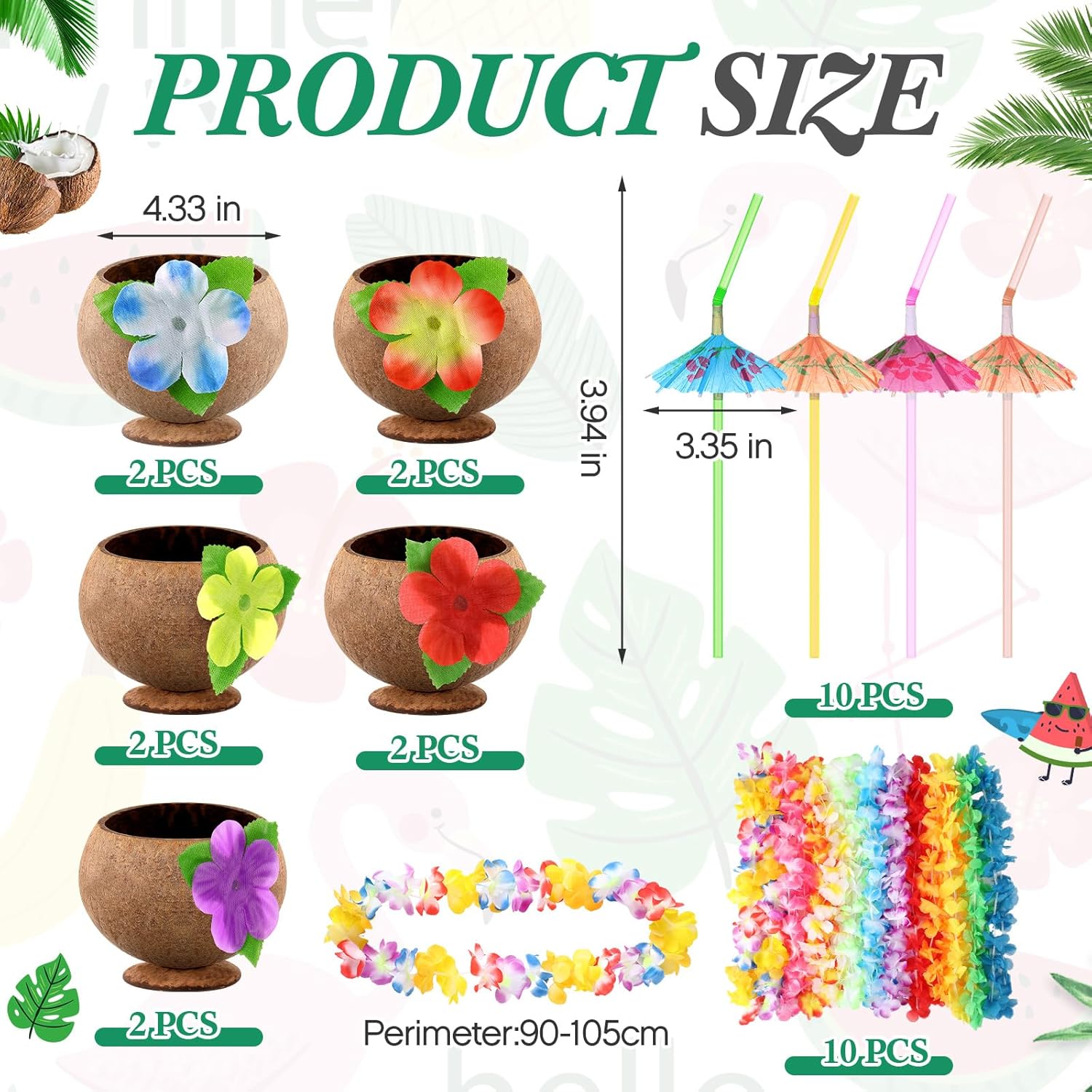 Yungyan 10 Pcs Hawaiian Coconut Cups and Hawaiian Leis Set with Natural 10oz Tiki Bowls, and Umbrella Straws for Luau Party Supplies, Tropical Beach Decorations, Summer Events