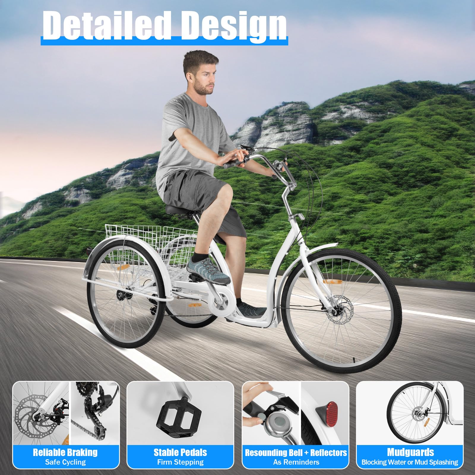 Triciclo adulto de 26 pulgadas, 6 velocidades, soporta 264,55 lbs ajustable para personas mayores, bicicleta de crucero, bicicleta de compras, adecuada para personas mayores para conducir