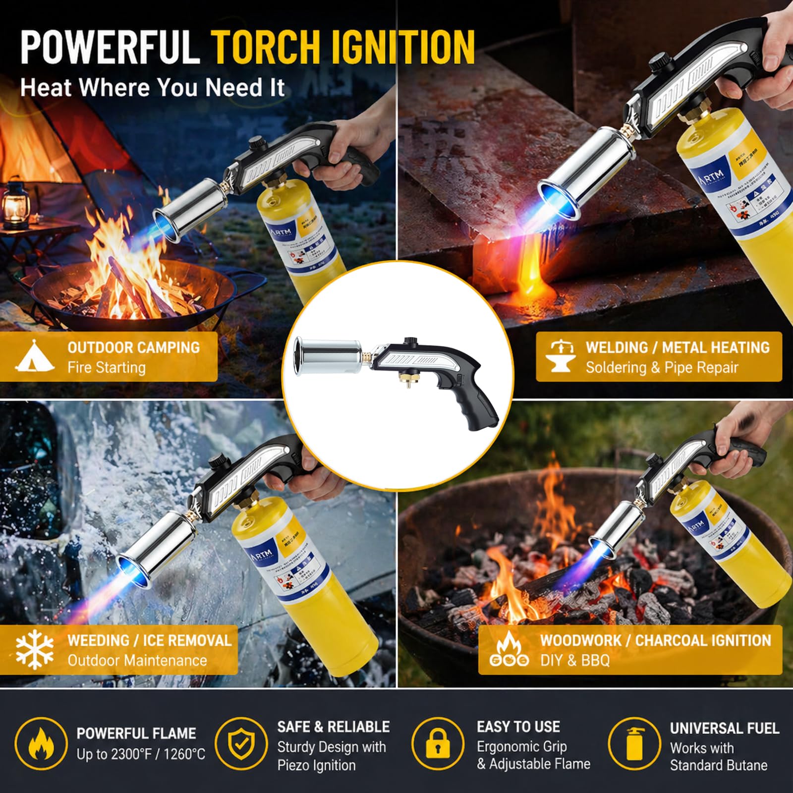 Tête de torche au propane avec flamme réglable et verrouillage de sécurité – Brûleur de brasage robuste pour soudure, barbecue au charbon, allume-feu et cuisine culinaire (réservoir non inclus