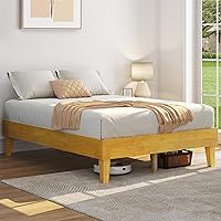 Vista 12 de Yaheetech Base de cama matrimonial con plataforma de madera maciza natural con soporte de listones de madera, espacio debajo de la cama de 12 Nogal