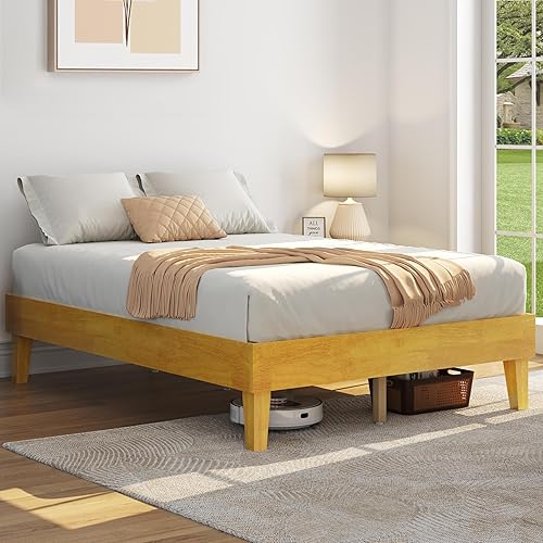 Miniatura 28 de Yaheetech Base de cama Queen con plataforma de madera maciza natural con soporte de listones de madera, espacio debajo de la cama de 12 pulgadas
