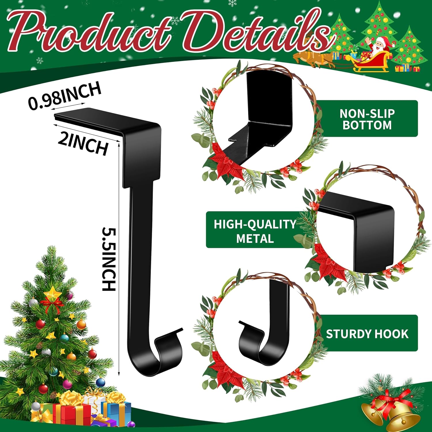 Palonu 4 PCS Christmas Stocking Holders Mantel Stcoking Hangers Metal Hanging Hooks Christmas Ornament Hooks Fireplace Hanger Grip for Christmas Party Decorations(Black)