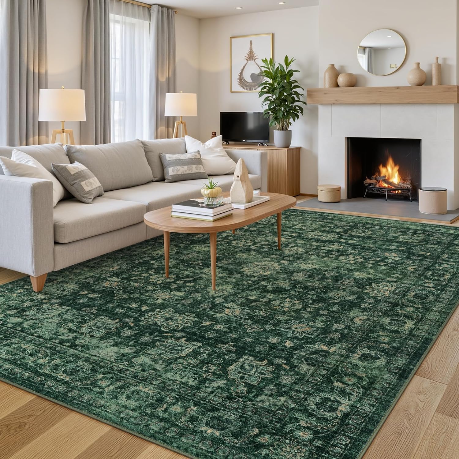 LIVEBOX Non-Slip 9 X 12 Area Rug, Washable Dark Green Rugs for Living Room, Soft Vintage Floral Boho Rugs for Bedroom, Non-Shedding Large Area Rug for Dining Room, Home Office, Dark Green 9' x 12' Dark Green