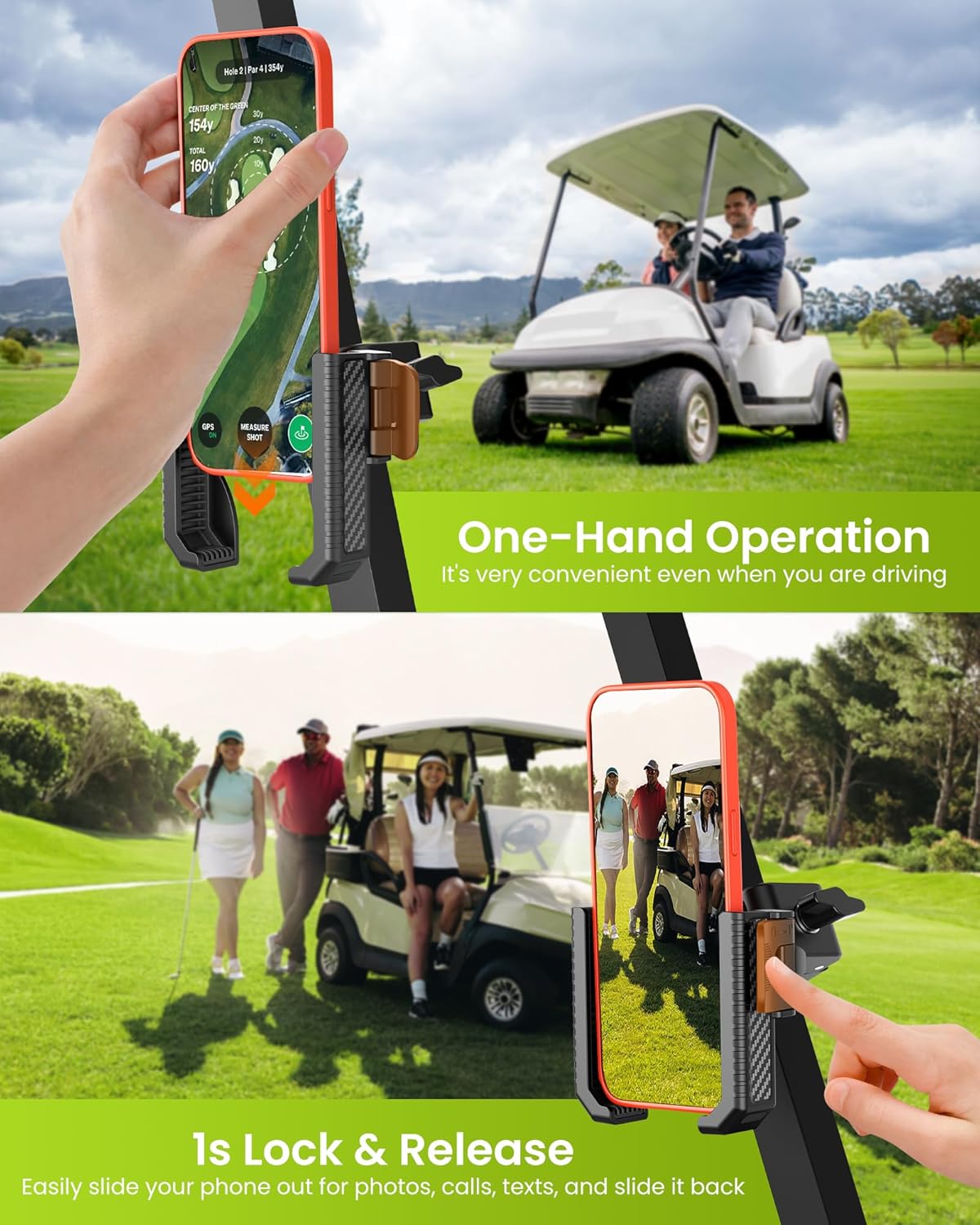 Golf Cart Phone Holder Mount - 3s Phone Clip Install, 1s Lock & Release,Phone Caddy for iPhone Galaxy & More Fits Yamaha Club Car EZGO Icon, Golf Cart Accessories Essentials Gift for Men Women - Image 4