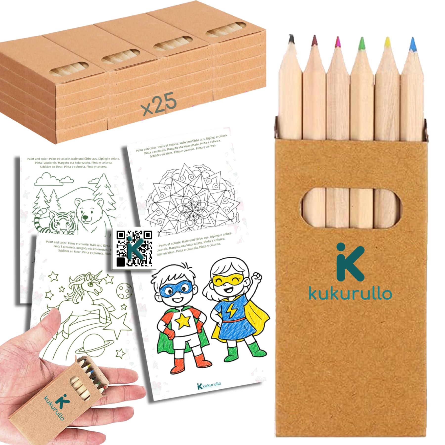 Birthday Gifts for Children School – 25 Boxes with 150 Coloured Pencils for Children QR + 20 Colouring Stencils – Birthday Details – Details for Communion and Children's Parties