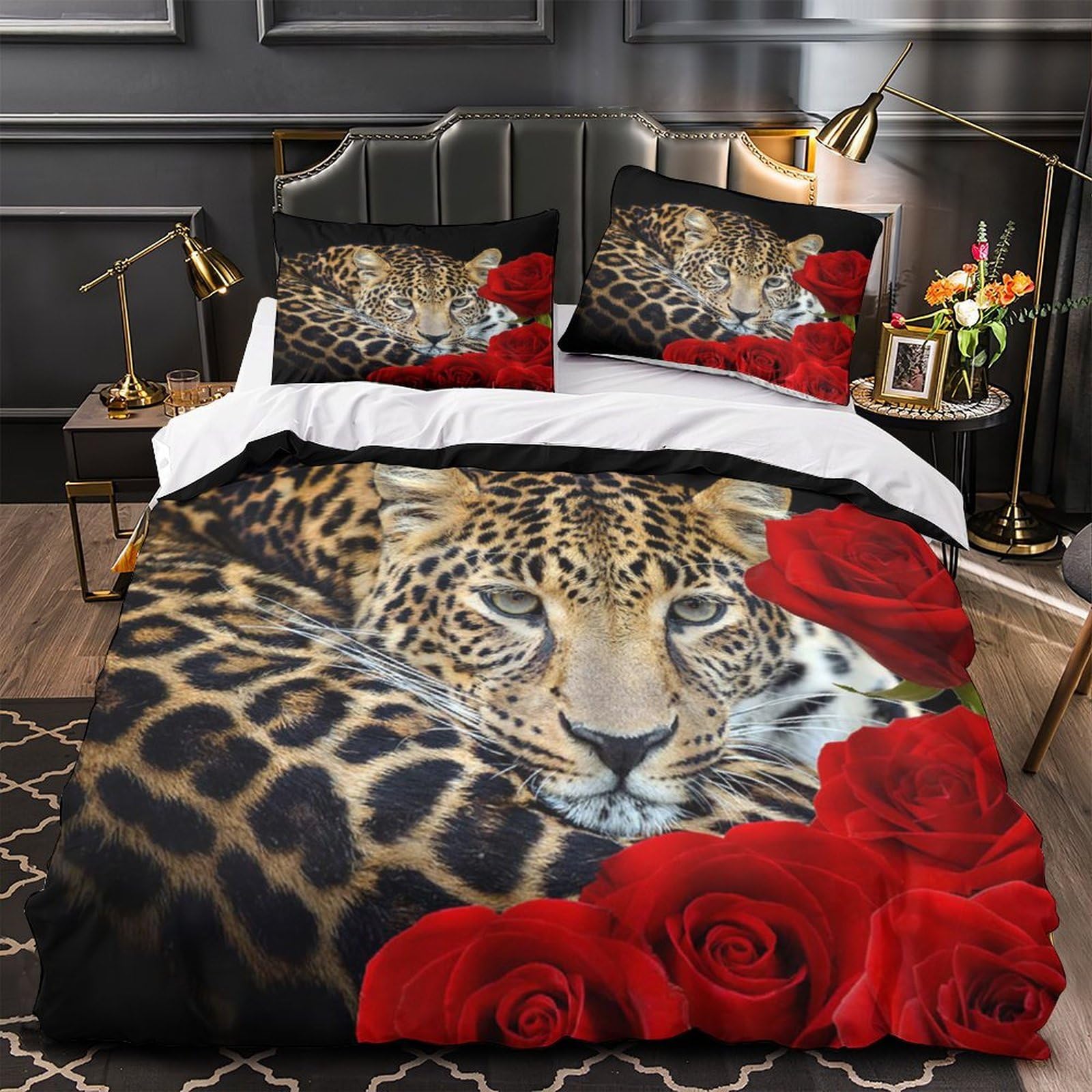 Housse de couette douce et saine pour lit double motif léopard 3D