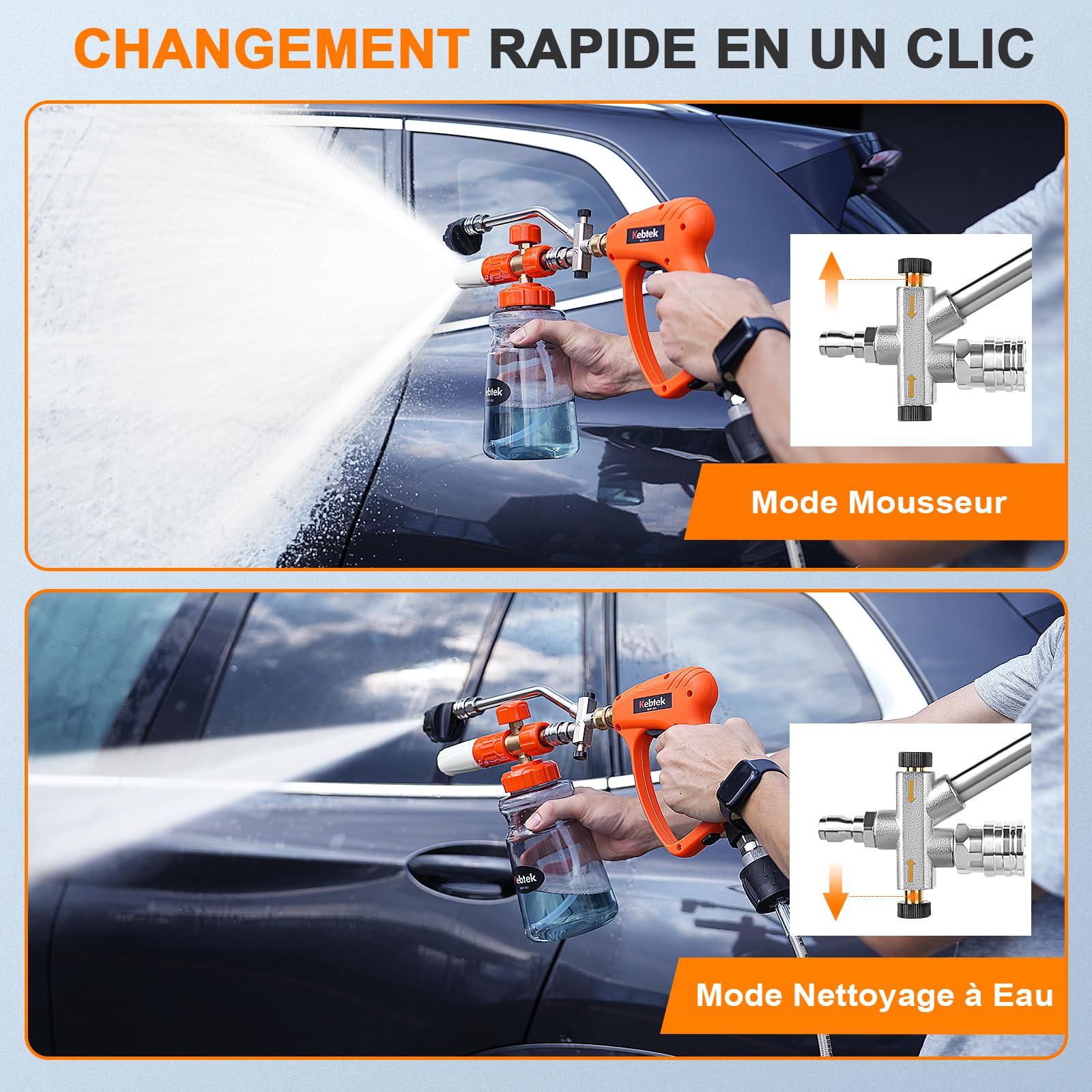 Kebtek Pistolet Haute Pression avec Canon à Mousse Voiture et 5 Buse, Accessoire à Double Embout, Adaptateur Compatible avec Karcher K2-7