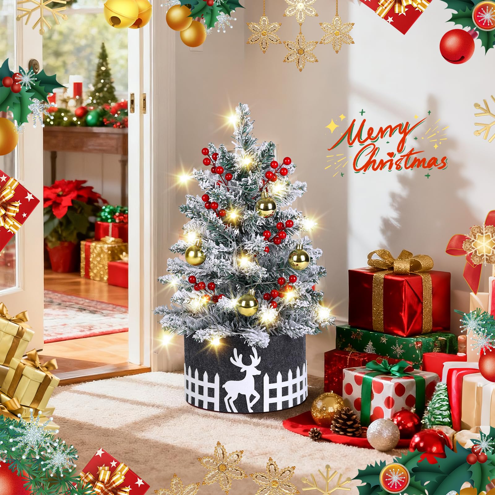 Sapin de Noël Neige Artificiel 60cm avec Lumières LED, Sapin Enneigé Flocké Blanc avec Décorations (Boules, Baies, Jupe), Petit Sapin de Noël pour Table et Bureau, Décoration d'Intérieur Maison Cadeau