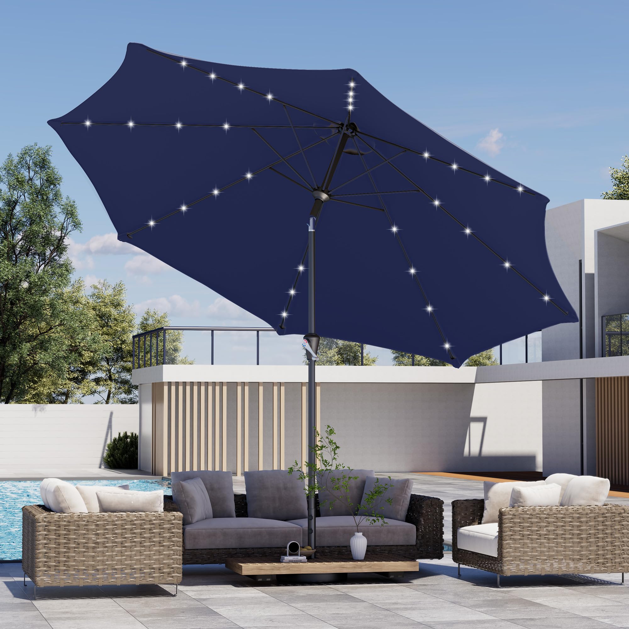 kingdura 9ft outdoor patio umbrella with solar lights, market table umbrella with push button tilt & crank, 8 sturdy ribs, 32 led lights, uv protection for garden lawn deck backyard pool (navy blue)