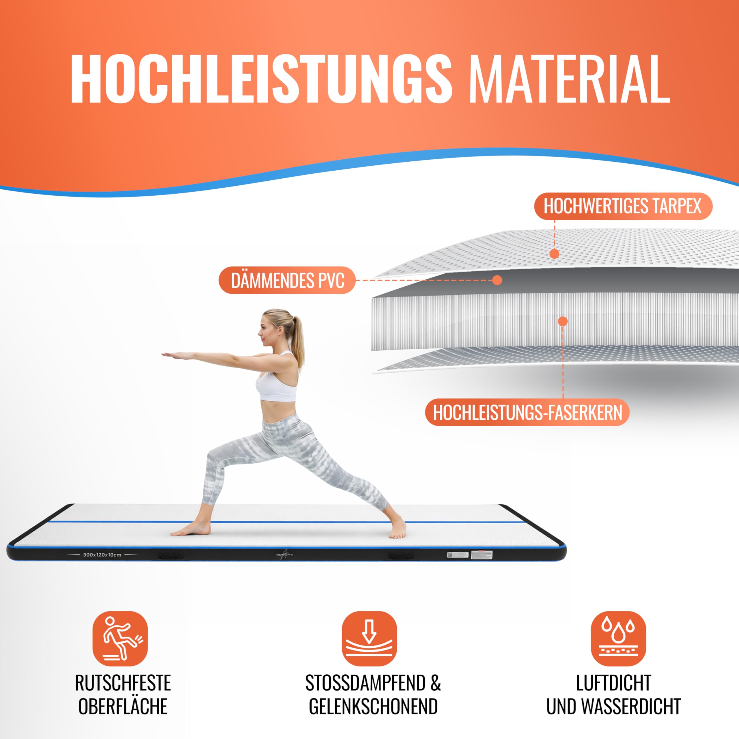 AthleticPro Airtrack Matte [3 m/4 m/5 m di lunghezza] – 120 cm di larghezza – 10/20 cm di altezza – Tappetino gonfiabile per ginnastica e acrobazie, con pompa elettrica, kit di riparazione e borsa