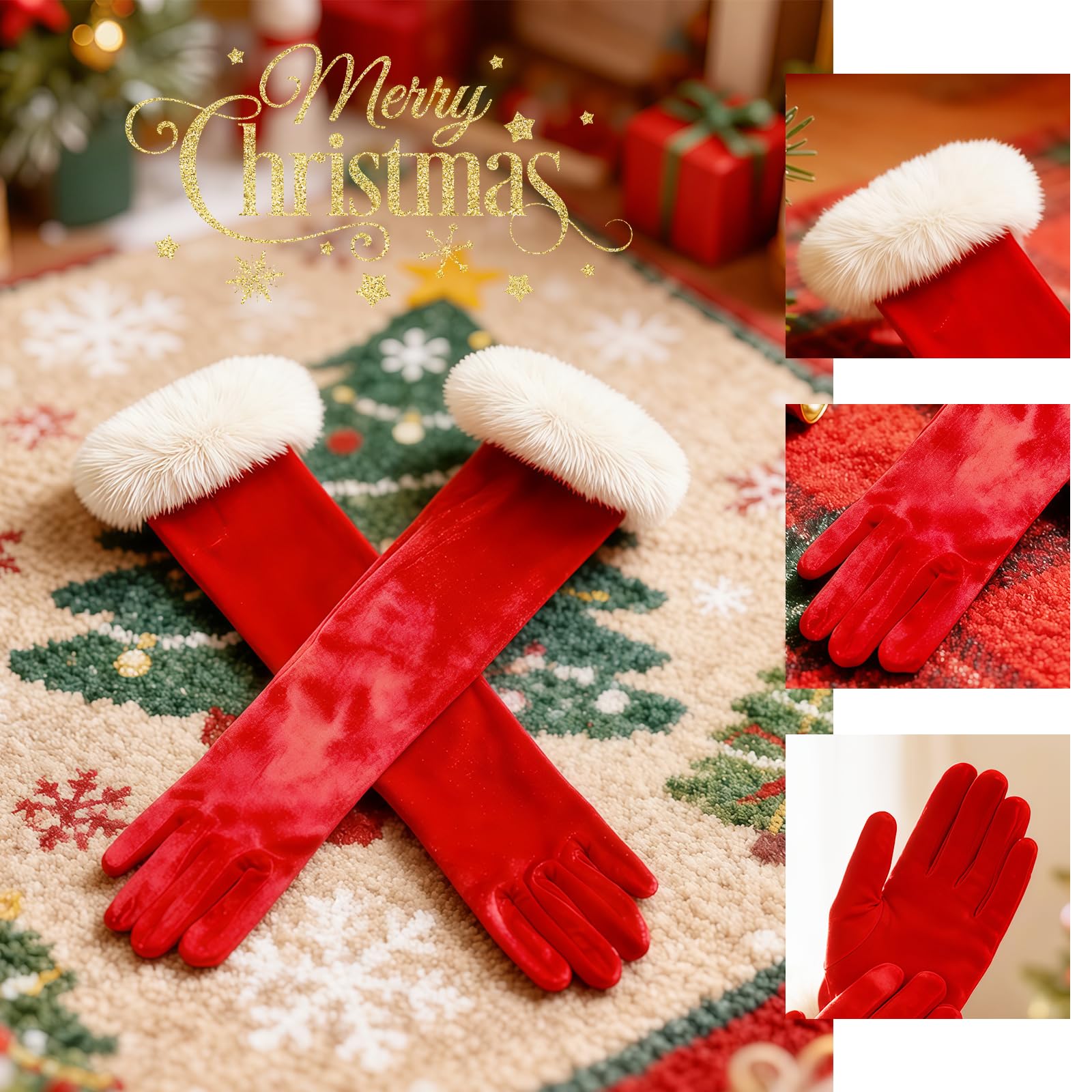 HIXNUG Christmas Santa Claus Gloves Ladies' Red Velvet Cosplay Costume Gloves for Holiday Parties and Celebrations - Image 3