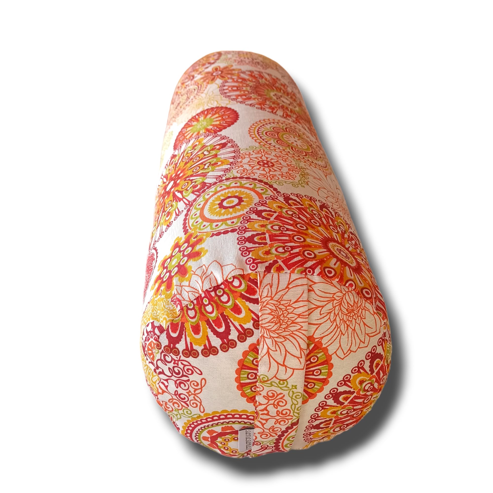 Bolster Yoga "Mandalas Naranja 2024", cojín cilíndrico, yoga accesorios, rodillo pilates, ideal para estirar espalda, relleno de cáscara de espelta ecológica, asa de transporte, 62x20cm