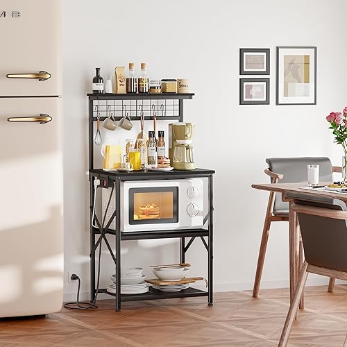 Vista 2 de Furologee Estante para hornear de cocina con toma de corriente, soporte para horno de microondas con almacenamiento de 4 niveles, mesa de café con 6