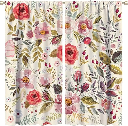 Miniatura 479 de Retro 70s Floral Blackout Window Curtains, Watercolor Flower Plant Rustic Modern Style Pattern Window Drapes, for Bedroom Living Room 42x45in 2