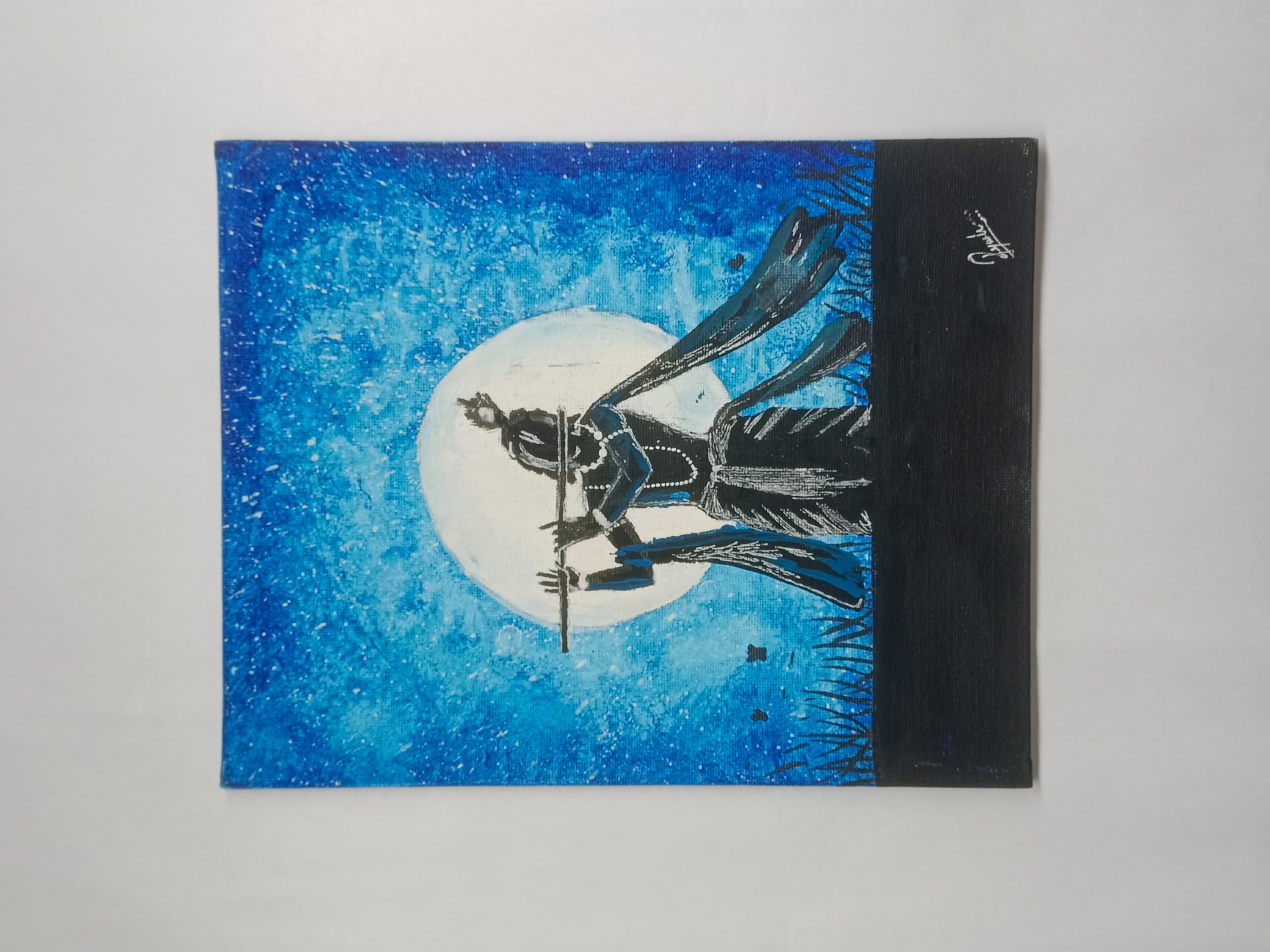 Pramod toys Lord Krishna Silhouette Painting on Canvas, Blue Moonlit Night, Handmade Acrylic Wall Art-image-41