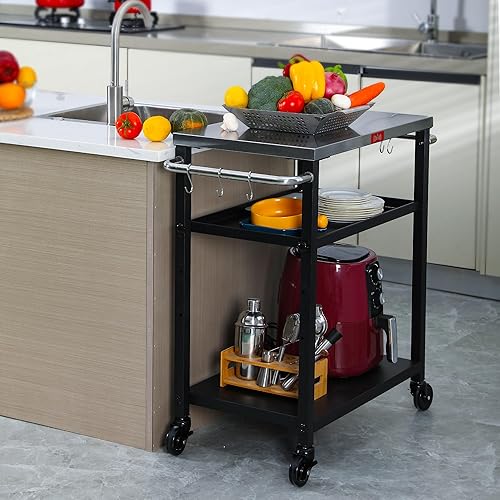 Miniatura 7 de Mesa de parrilla de 3 estantes, soporte para horno de pizza con estante ajustable, carrito de parrilla móvil, para exterior, carrito de bar al aire