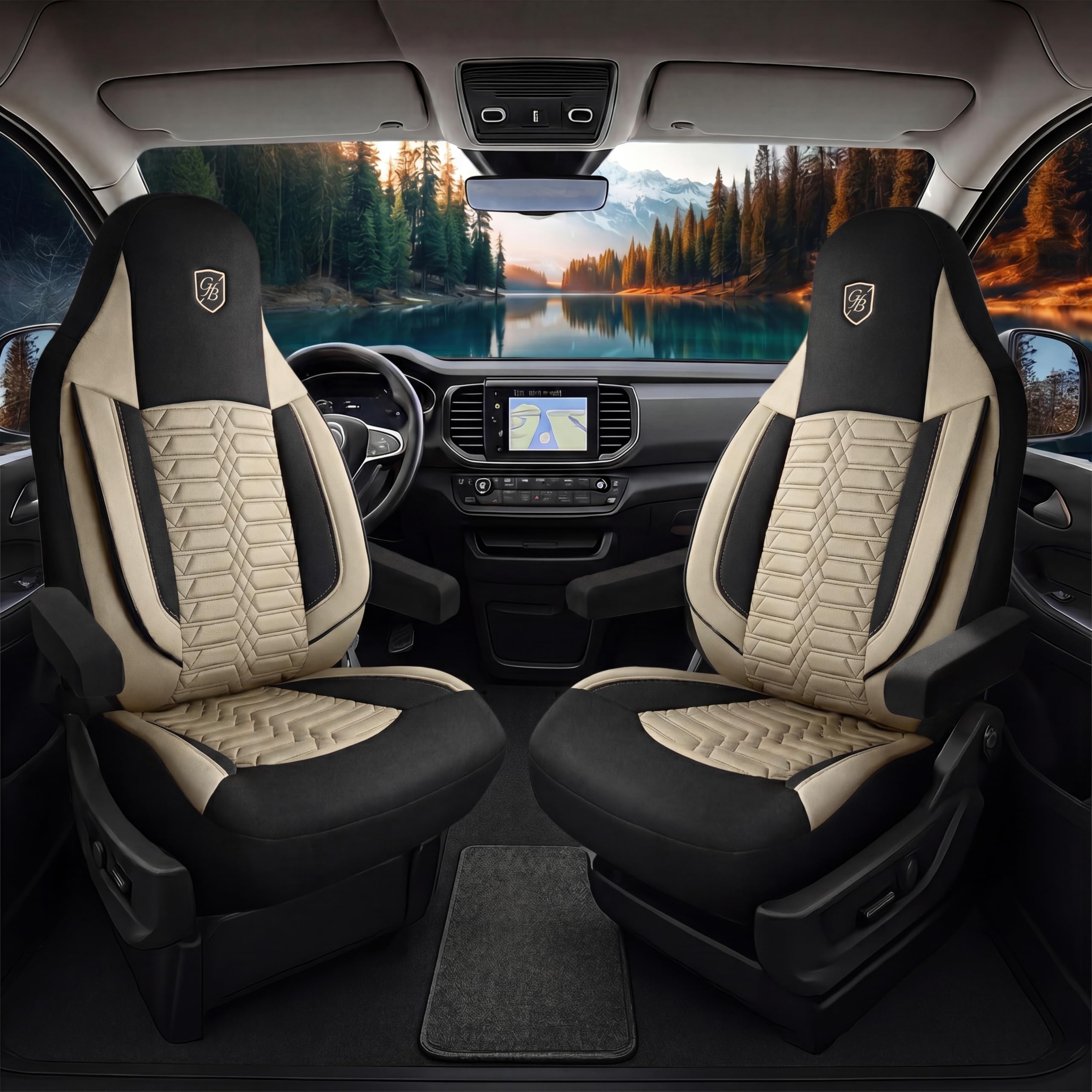 Fundas de Asiento Camper en Tela Lacoste, compatibles Fiat Ducato, Citroën Jumper, Peugeot Boxer, Asientos Delanteros Conductor & acompañante, Camper & Caravana, Beige-Negro