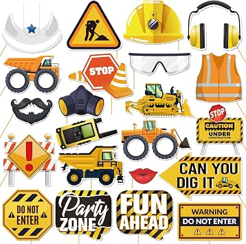 22 Pcs Construction Themed Photo Booth Props Kit, Racing Party Selfie Decorations, Engineering Excavator, Sport Club, Kids Boys Transportation Birthday Party Photography Supplies