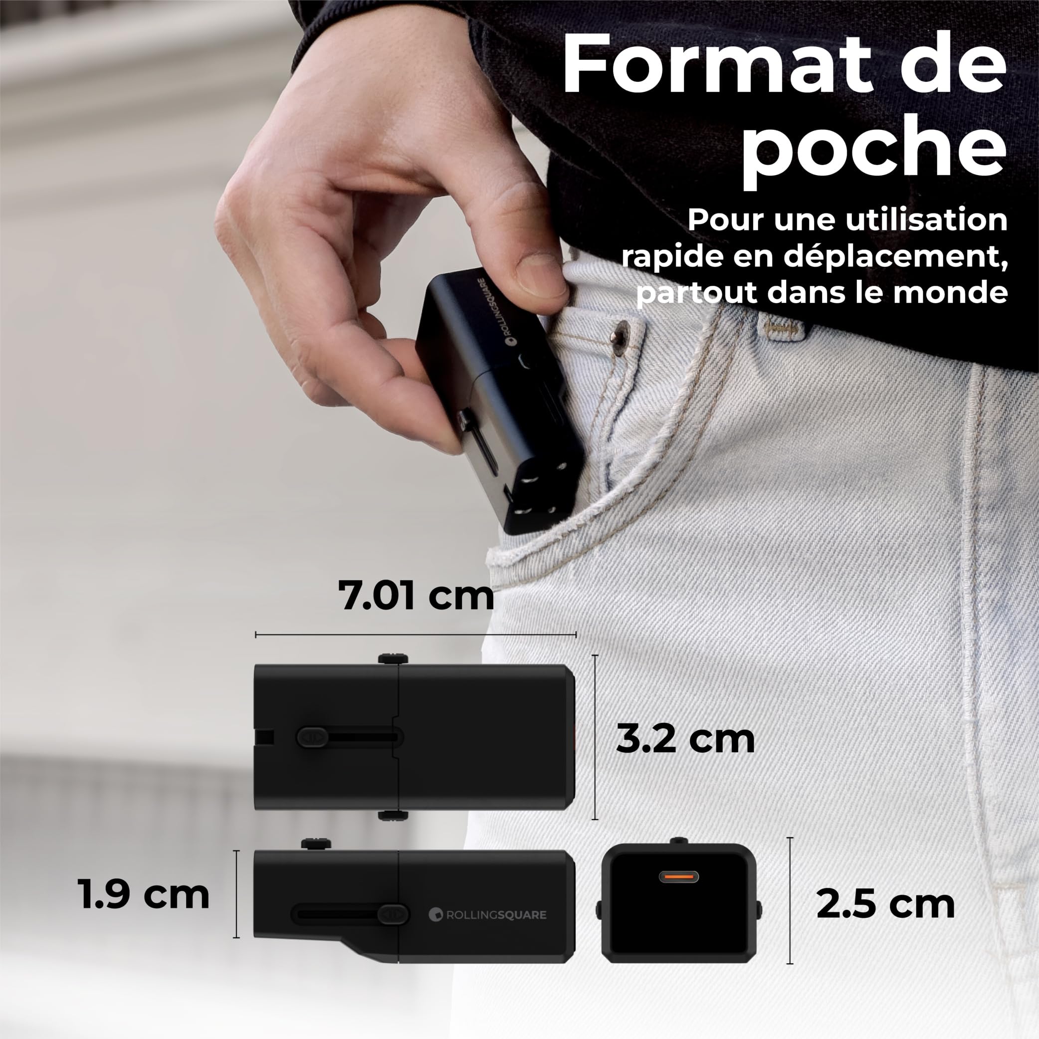 Rolling Square Portable Pocket Travel Adapter - Adaptateur de Voyage Poche Portable, Chargeur Universel USB-C pour 200+ Pays, Prises US, EU, UK, AU, Charge Rapide 30W pour Smartphones, Tablettes, Noir