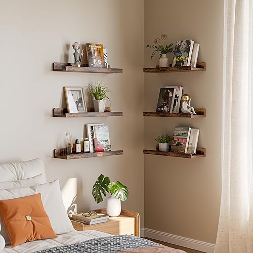 Miniatura 6 de Juego de 6 estantes flotantes de color marrón rústico de 16 pulgadas para pared, estante de madera rústica para decoración de habitaciones,