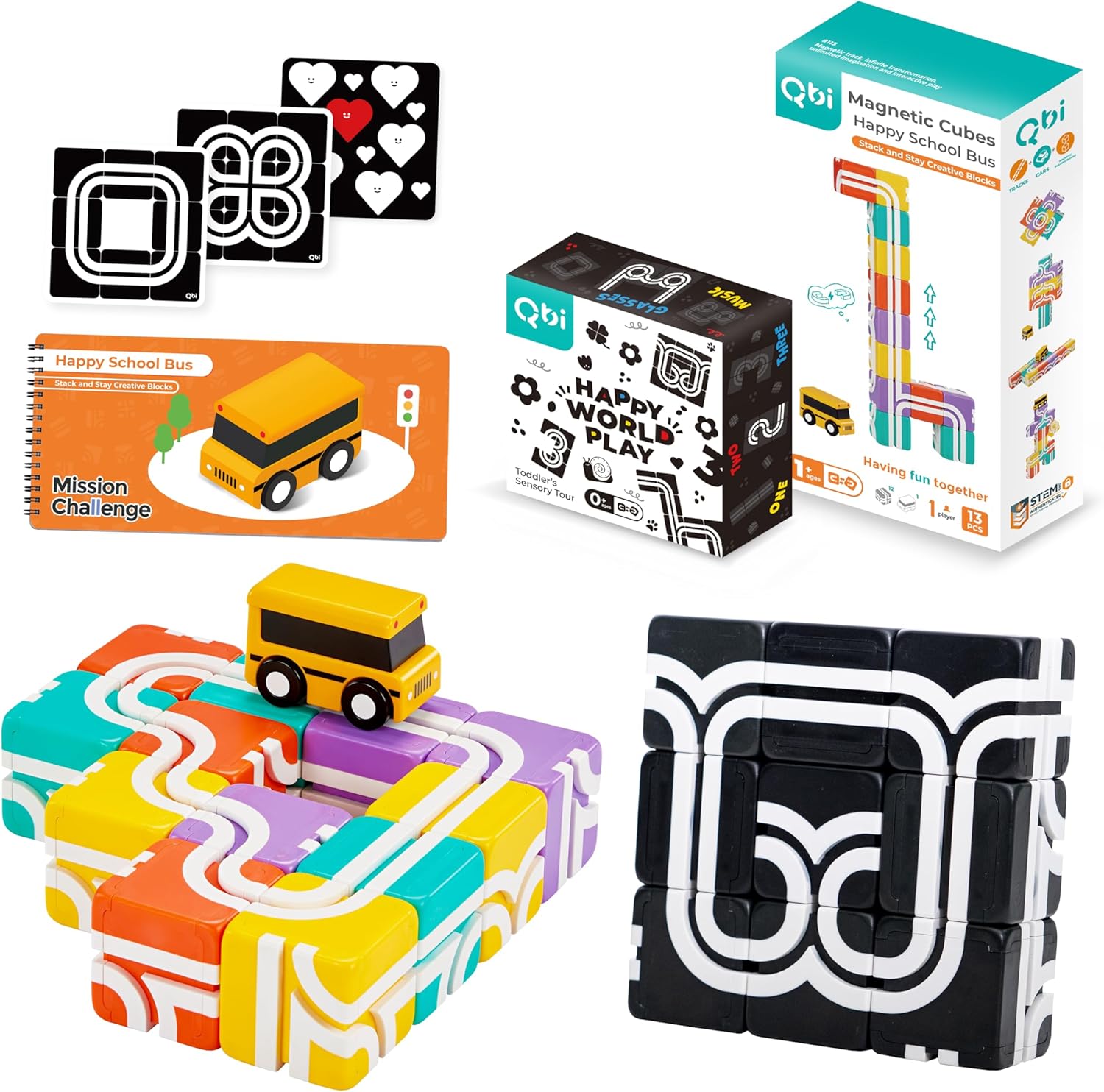 QBI Toy 2 Sets Combo | Happy School Bus & Happy World Play, Magnet Building Tiles, Colorful Blocks Construction Educational STEM Toys with Kids car for 1+ Year Old Boys & Girls (13 pcs+ 9 pcs)
