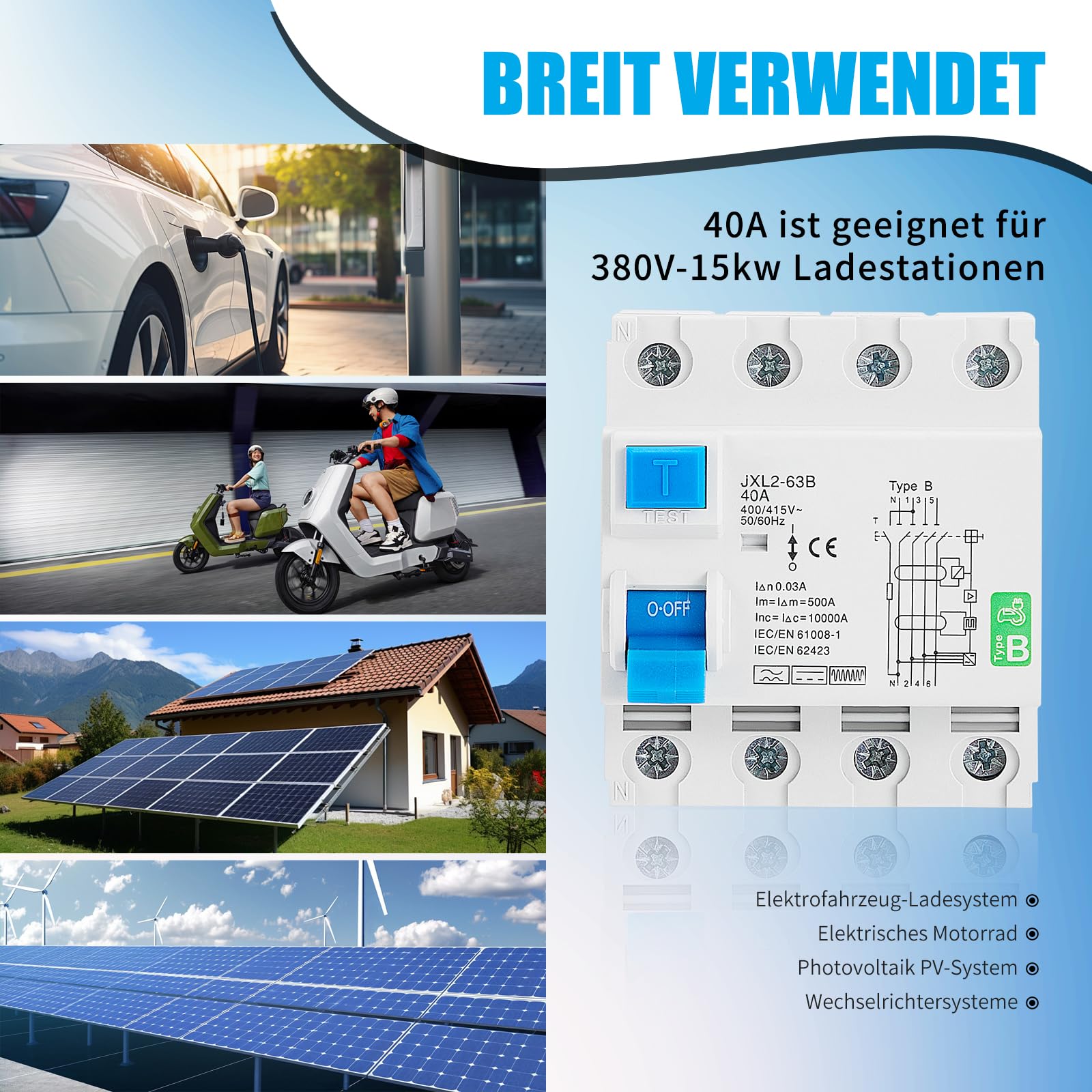 Fi Schutzschalter 40a 30ma 4 Polig mit 35mm Schiene,Fehlerstromschutzschalter Typ B,RCD, Allstromintensiv Schalter Automat Sicherung Sicherung,FI Schalter für Wallboxen Ladestationen