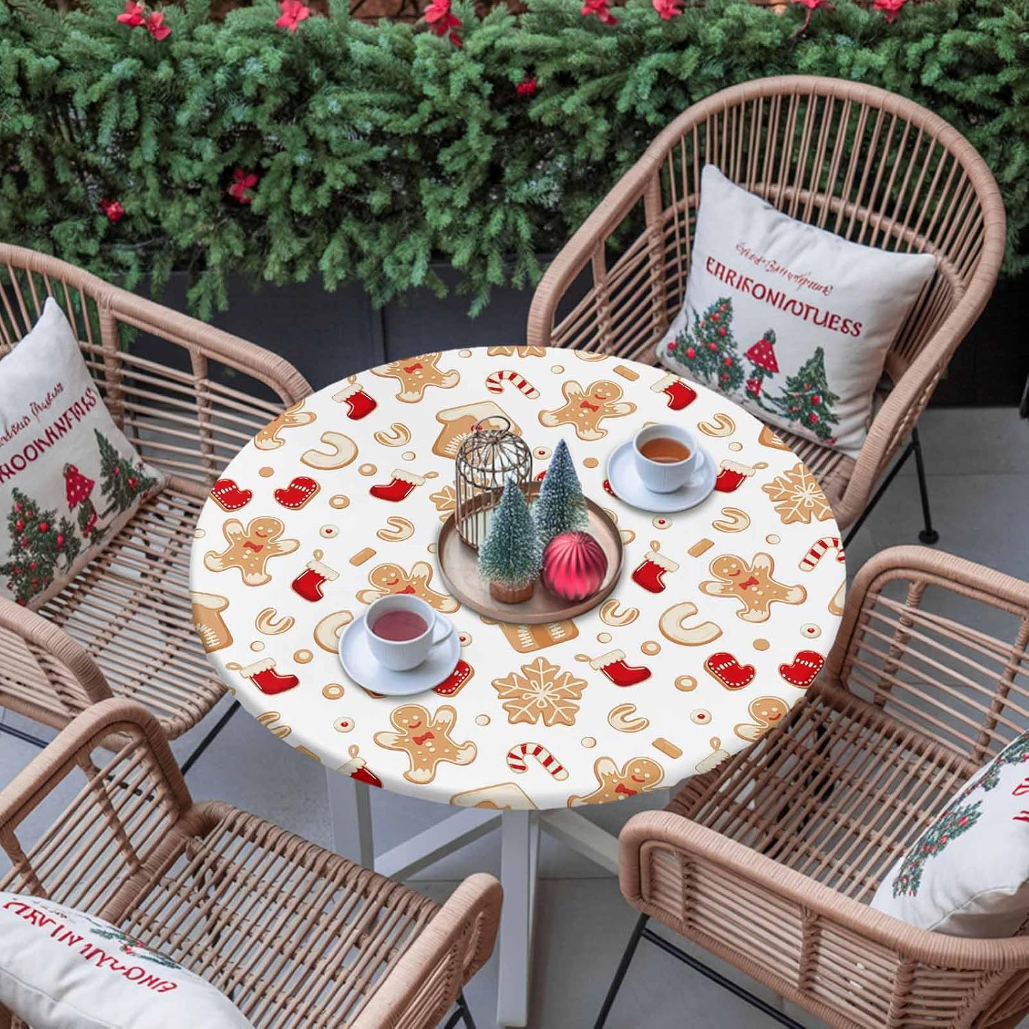 Christmas Gingerbread Round Fitted Tablecloth, Socks Glove Snowflake Candy Canes Winter Waterproof Table Cloth Table Cover with Elastic Edged for Outdoor Picnic Parties, Fits Tables up to 45" - 54"