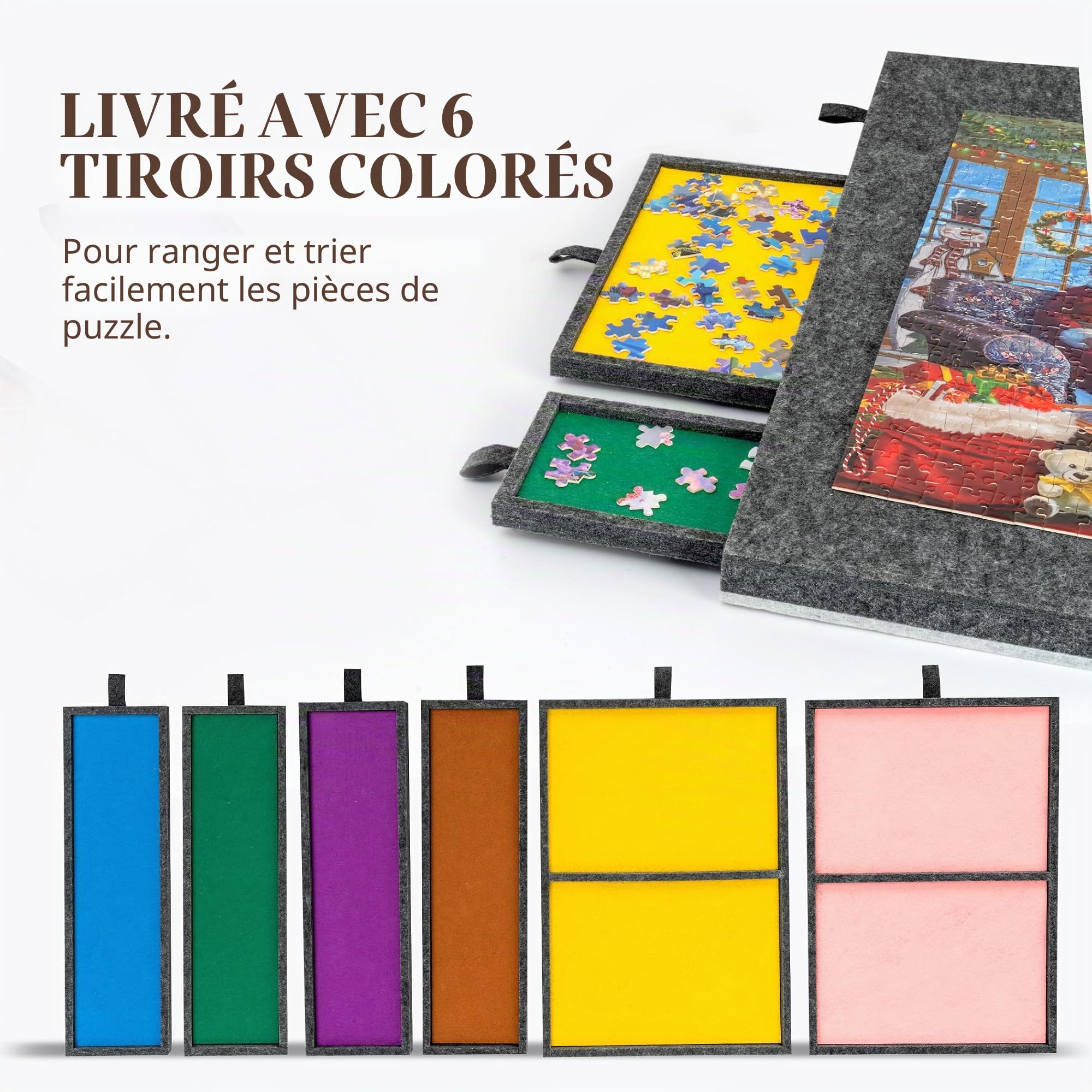 Lavievert Puzzle pliable avec 6 compartiments de tri, table portable légère avec tapis, planche en feutre pour ranger des puzzles