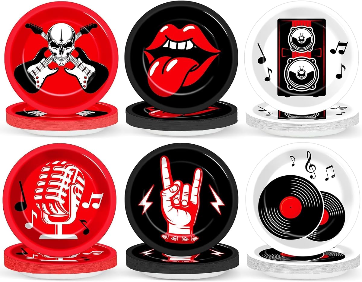 60Pcs Rock Theme Party Paper Plates for Music Birthday 9in 1950's Record Party Disposable Dessert Cake Tableware Dinnerware Set for Kids Baby Shower Decoration Anniversary 50s 60s Theme Party Supplies