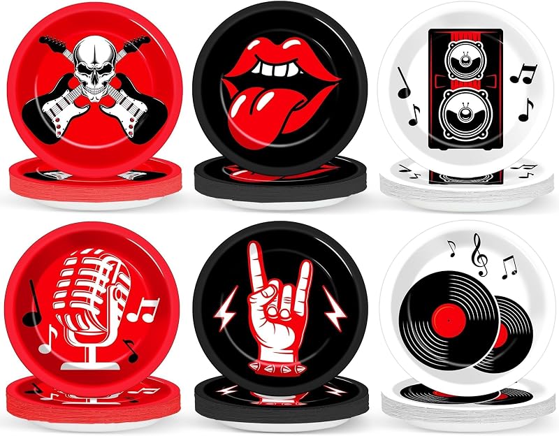 60Pcs Rock Theme Party Paper Plates for Music Birthday 9in 1950's Record Party Disposable Dessert Cake Tableware Dinnerware Set for Kids Baby Shower Decoration Anniversary 50s 60s Theme Party Supplies