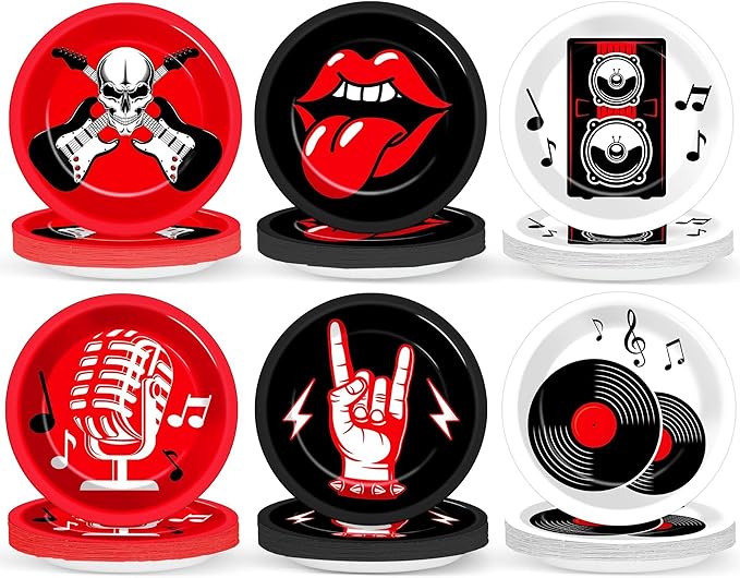 60Pcs Rock Theme Party Paper Plates for Music Birthday 9in 1950's Record Party Disposable Dessert Cake Tableware Dinnerware Set for Kids Baby Shower Decoration Anniversary 50s 60s Theme Party Supplies