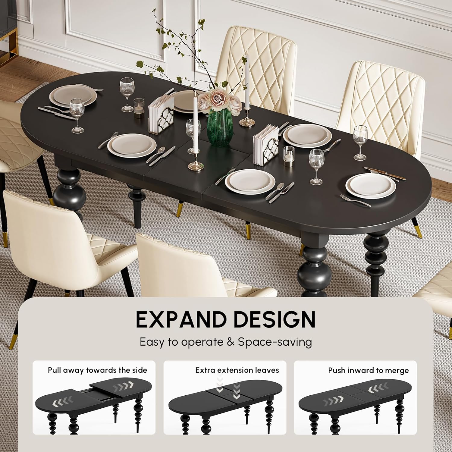 homary 67"-79" Extendable Dining Table, Mid-Century Modern Oval Kitchen & Dining Room Table for 4–8 People (Black, 67"-79" (Seats 4-8))