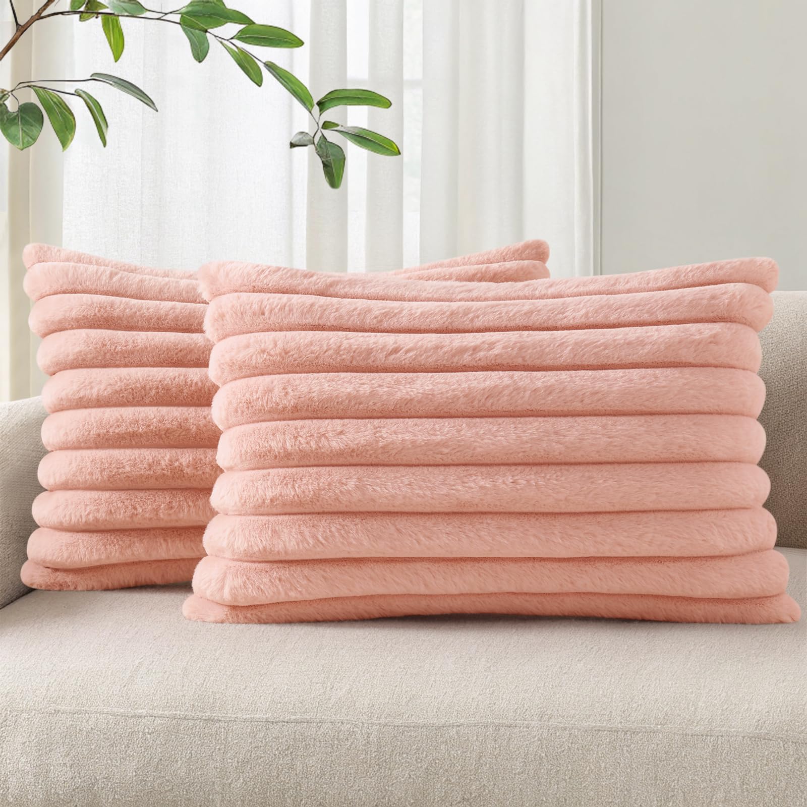 Pallene Faux Fur Plush Lumbar Throw Pillow Covers 12x20 Set of 2, Luxury Soft Fluffy Striped Decorative Pillow Covers for Sofa, Couch, Living Room,