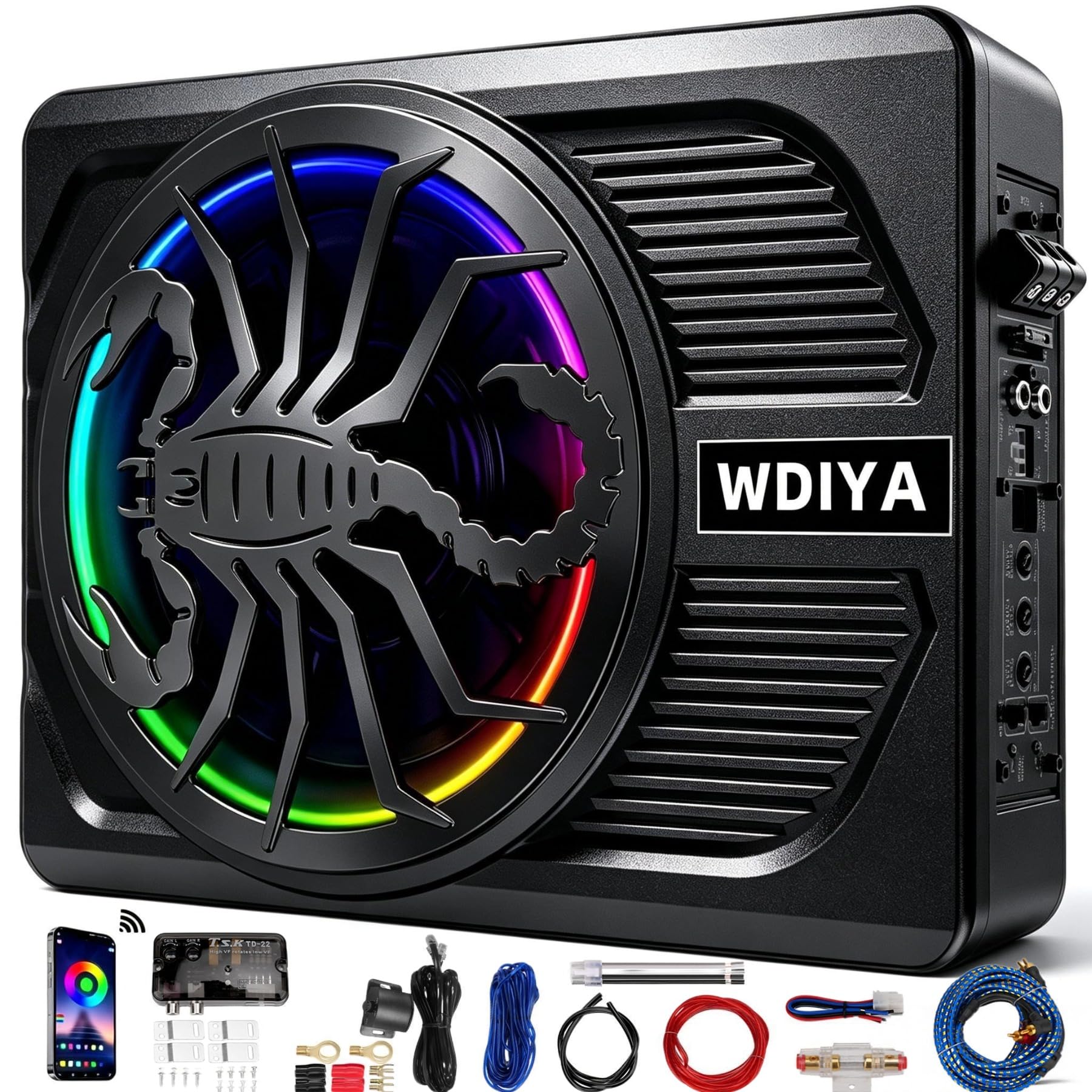1600W Under Seat Subwoofer | 10" Slim Car Sub with Built-in Amp, RGB LED Lights, APP Control | Independent Bass Knob, LPF, Gain, Bass Boost | High Output Deep Bass Distortion-Free Audio