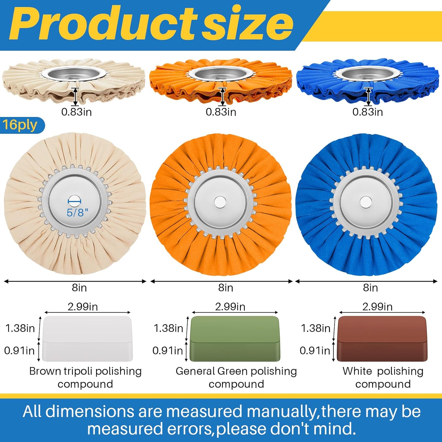 Tallew 7 Pcs 8" Airway Buffing Wheel Kit in Diameter 5/8" in Arbor Hole, Aluminum Metal Polishing Wheel and Polishing Compound for Angle Grinder Mirror Finish(Multicolor)