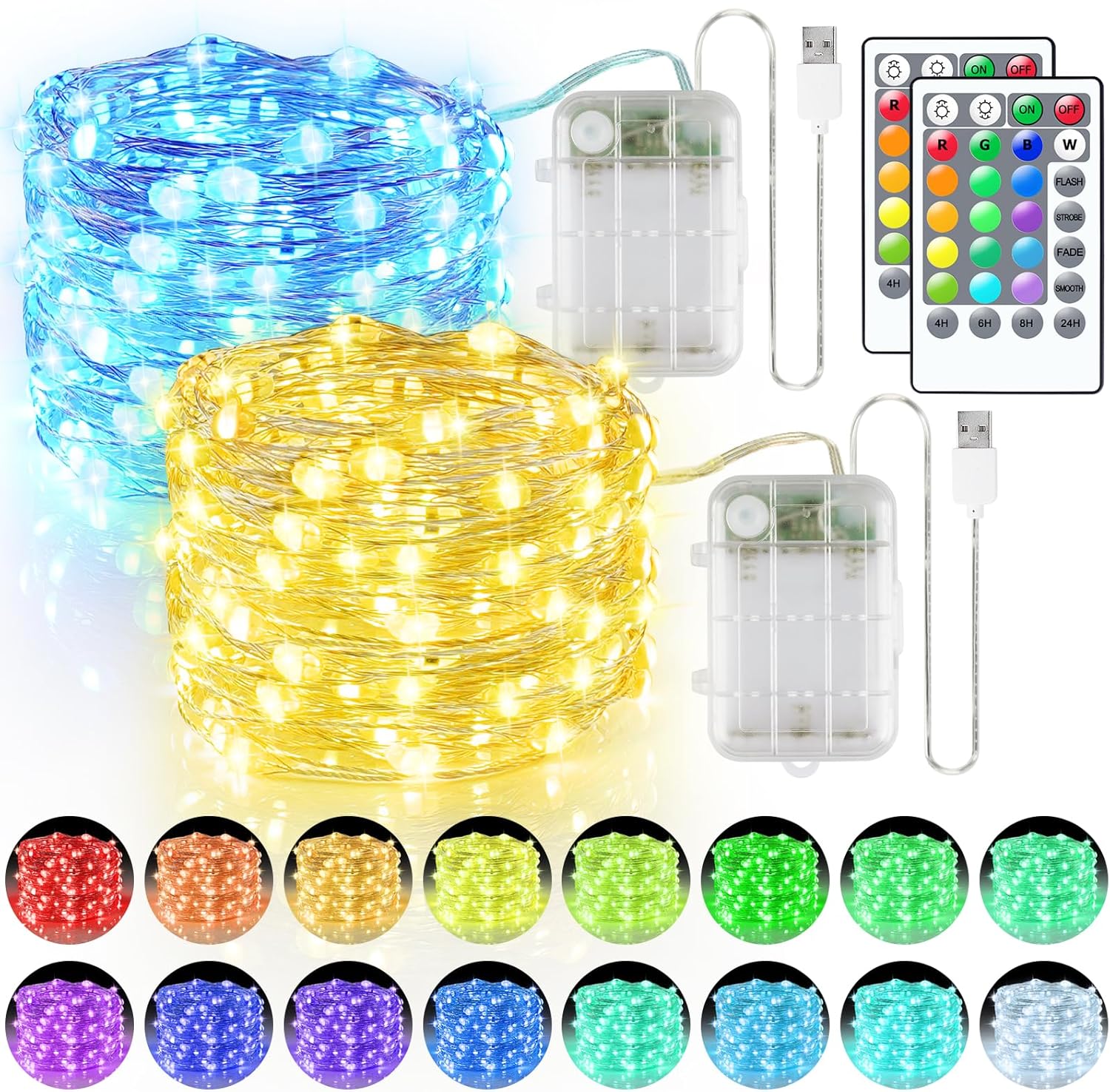StarryEver 66ft 200LED Fairy Lights Battery Operated, 2 Pack 33ft 16 Color Changing String Lights with Remote Timer, RGB Waterproof Twinkle Light for Indoor Outdoor Bedoom Garden Yard Décor