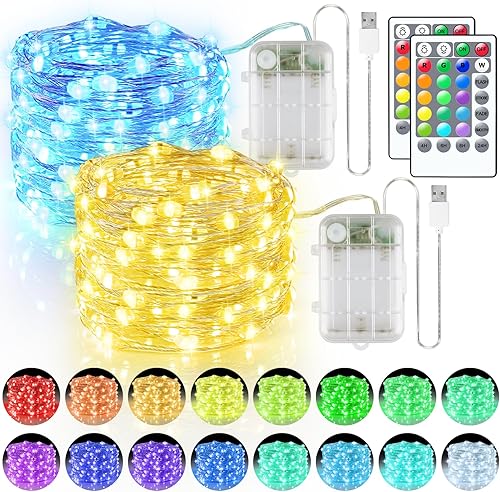 Guirnalda de 100 luces LED de 33 pies, funciona con pilas, paquete de 2 cadenas de luces de 16.5 pies que cambian de color con temporizador remoto,