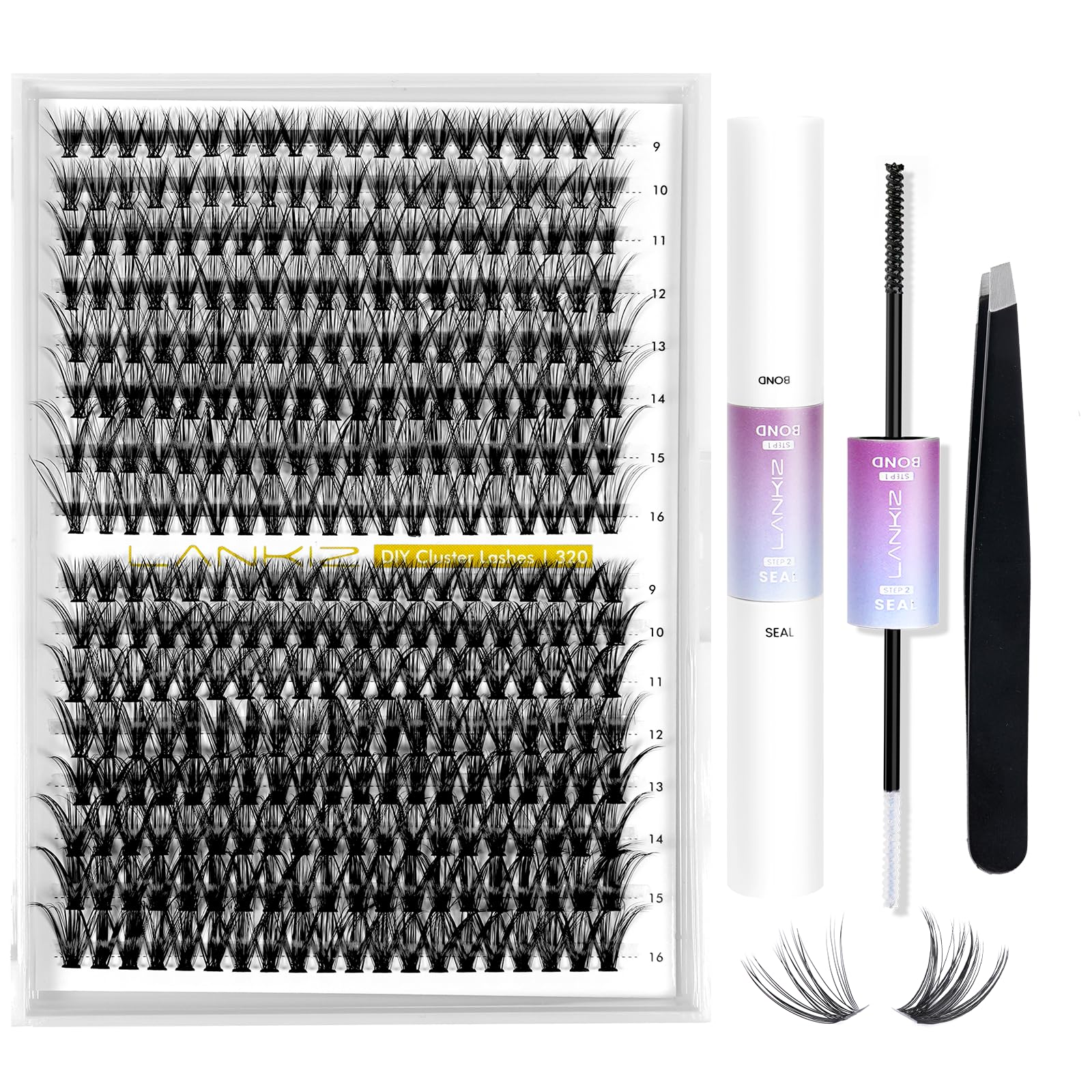 Juego de extensiones de pestañas LANKIZ 320 unidades de pestañas artificiales 30D + 40D C Curl 9-16 mm Mix pestañas individuales con pegamento para pestañas y aplicador Lash Extension Set para