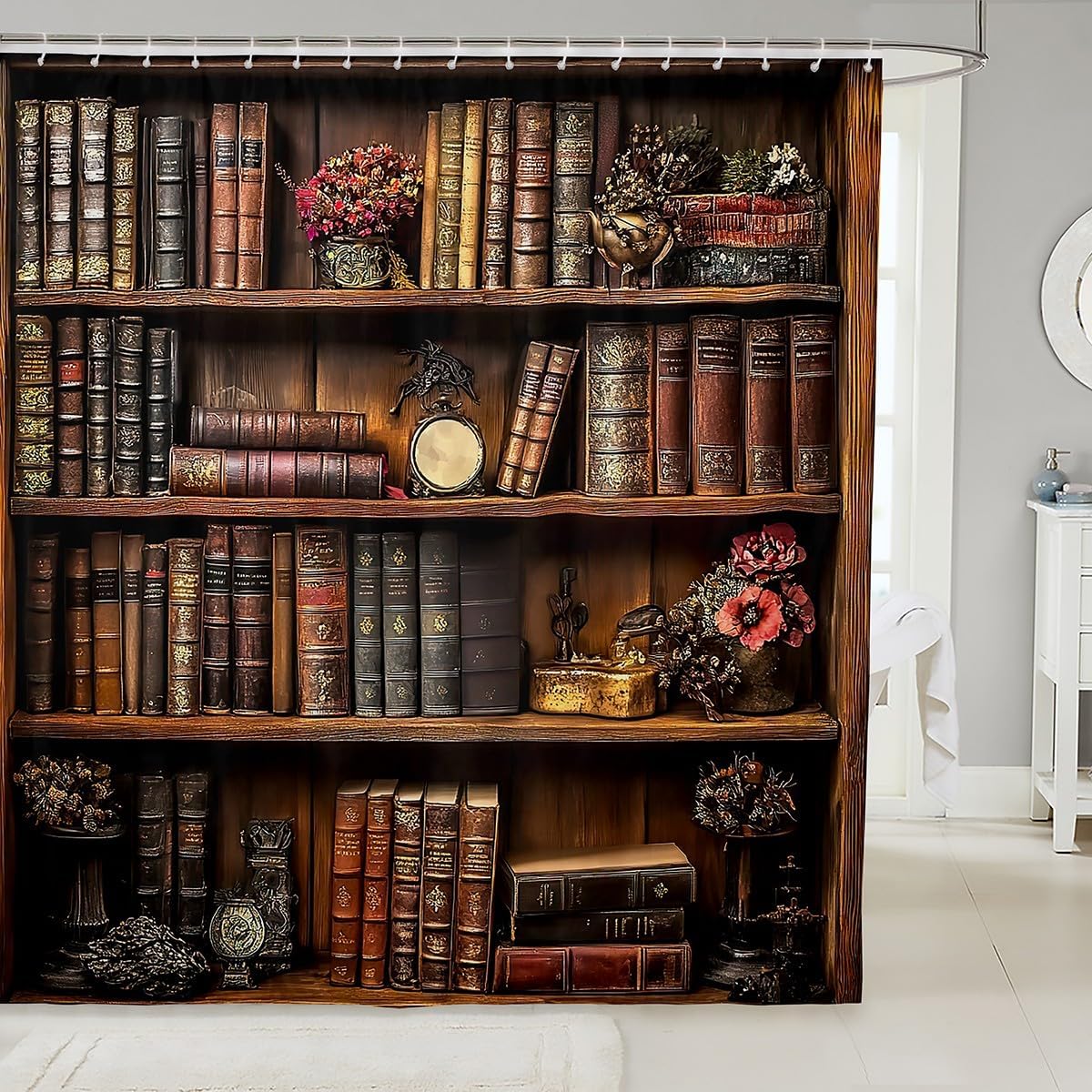 Feelyou Vintage Bookshelf Shower Curtain 72"x84" Books Bookcase Bath Curtain for Boys Girls Teens Floral Decor Bathroom Shower Curtain Set Waterproof Retro Kids Bathroom Accessories