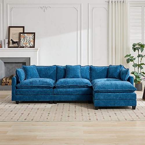 Miniatura 3 de Sofás seccionales modernos de 113.8 pulgadas para sala de estar, cómodo sofá nuboso seccional de felpilla azul, sofá de 3 plazas para sala de estar