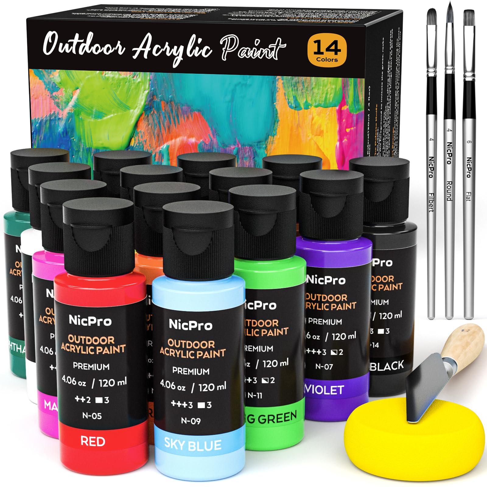 Nicpro 14 Colors Outdoor Acrylic Paint Bulk (4.06 oz,120ml) with Brush and Sponge, Knife, Non-Toxic Gloss Paint for Multi-surface Rock, Wood, Fabric, Leather, Crafts, Canvas, Shoes and Wall Painting