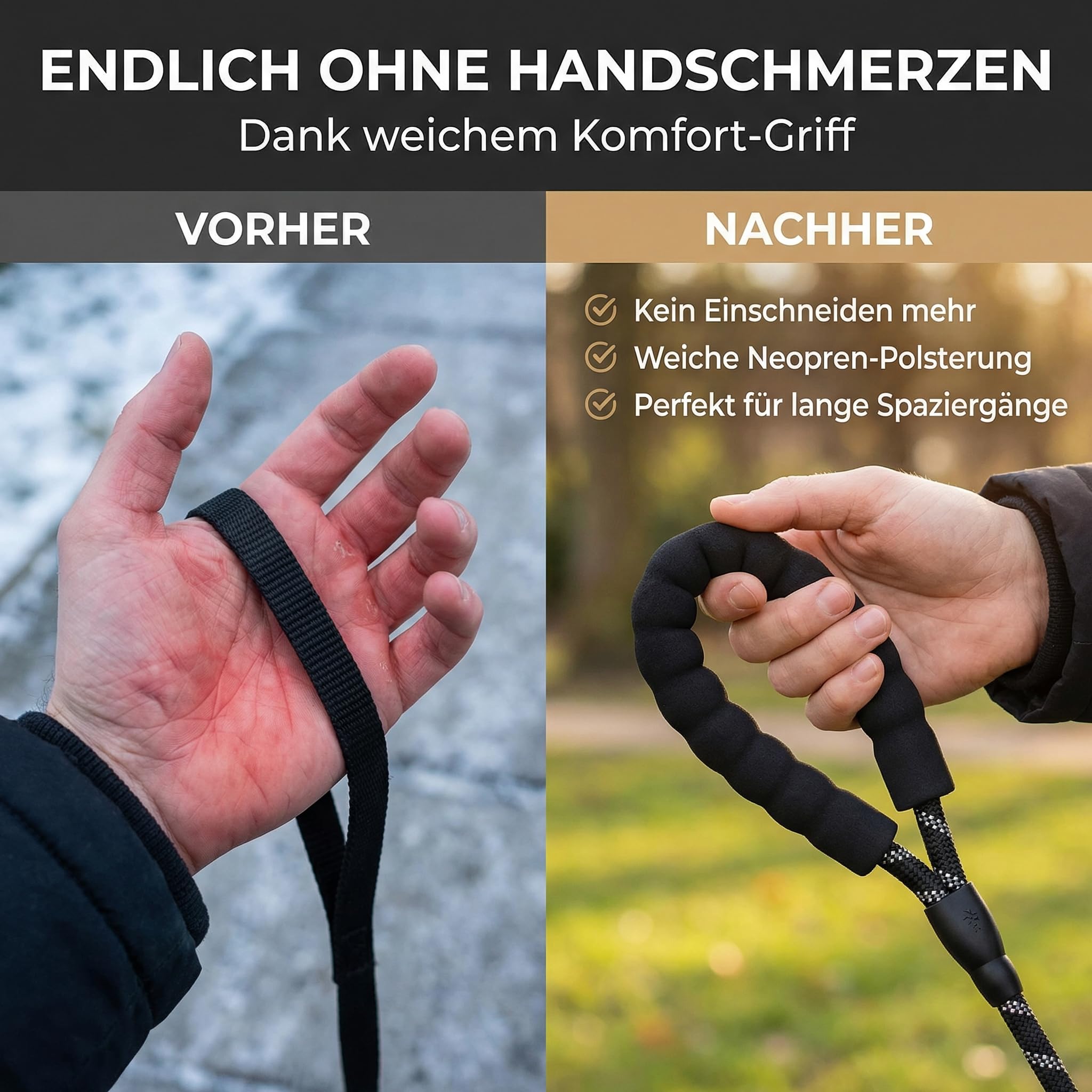 HUND IST KÖNIG Smycz dla psa, na spacery i treningu, z miękkim uchwytem i elementami odblaskowymi, idealna smycz do noszenia na co dzień dla psów o wadze 10-25 kg (True Black, 3,0 x 1,2 cm)