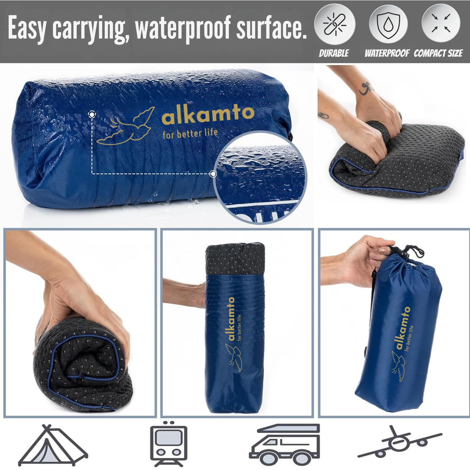 Cuscino da viaggio – Supporto ergonomico per il collo da campeggio in memory foam con federa termoregolante – Borsa da viaggio impermeabile inclusa (Nero)