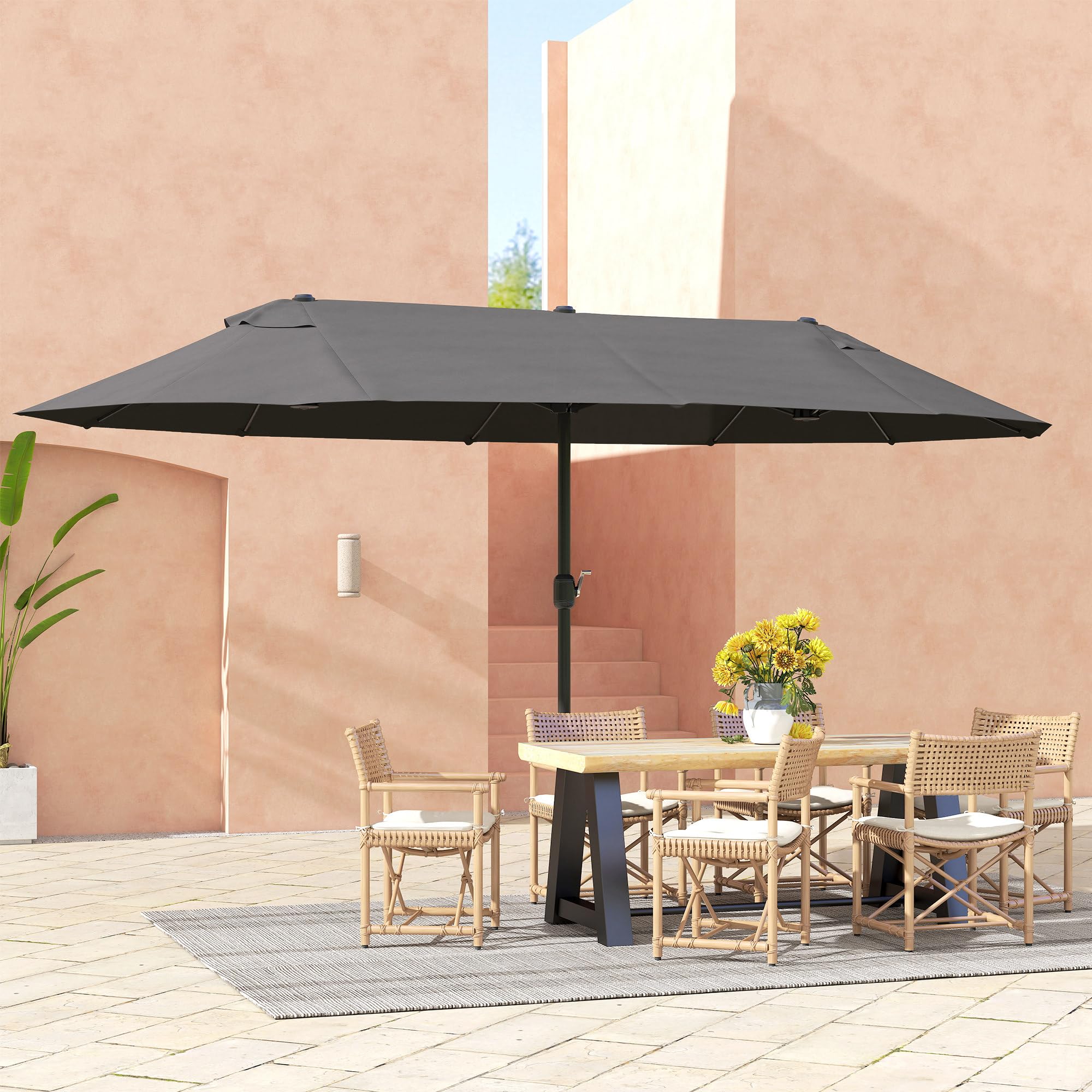 Outsunny Parasol de jardin exterieur parasol double 4,6L x 2,7l x 2,4H m ouverture fermeture manivelle acier polyester haute densité gris