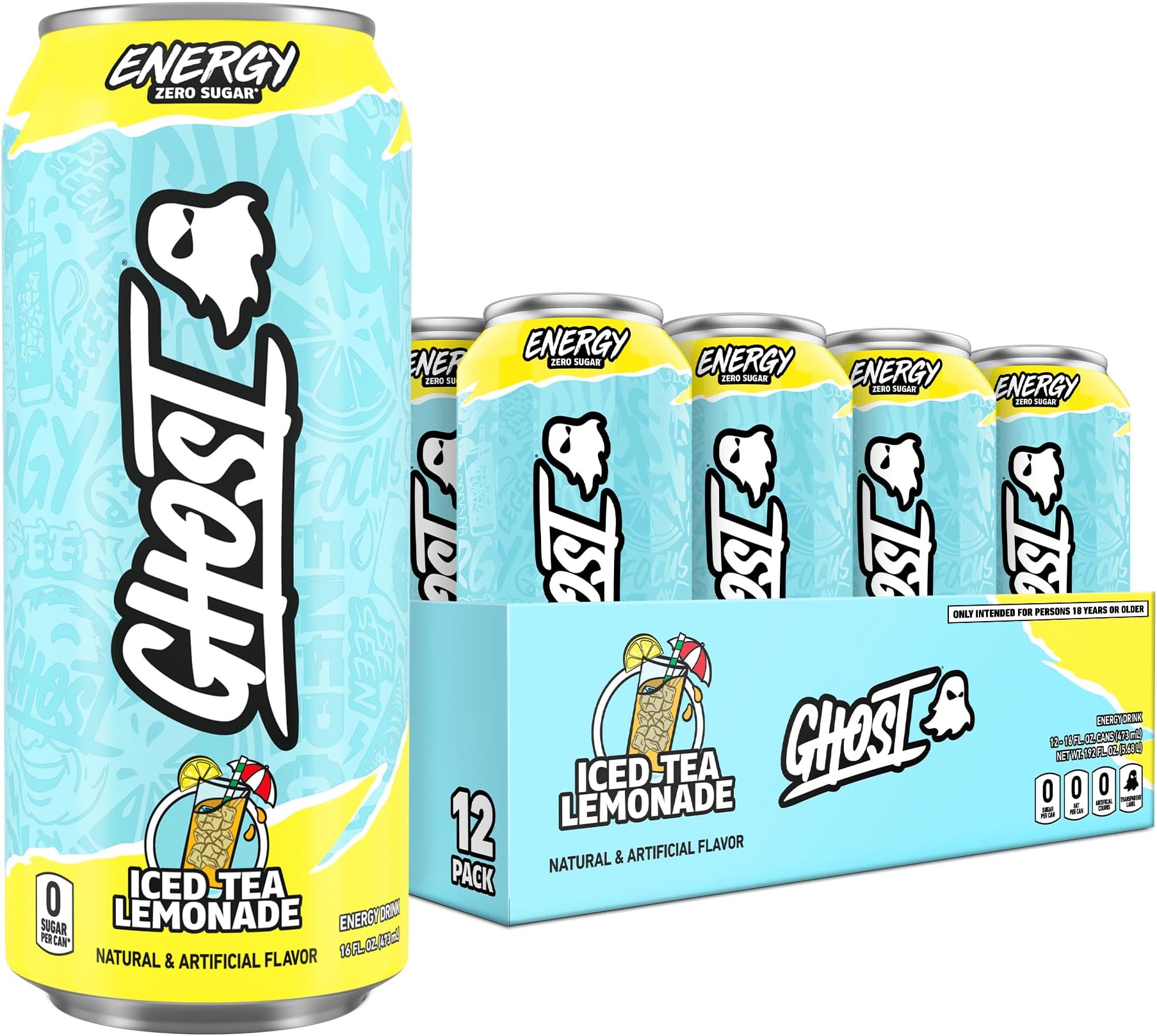 GHOST Energy Drink - 12-Pack, Iced Tea Lemonade, 16oz - Energy & Focus & No Artificial Colors - 200mg of Natural Caffeine, L-Carnitine & Taurine - Gluten-Free & Vegan