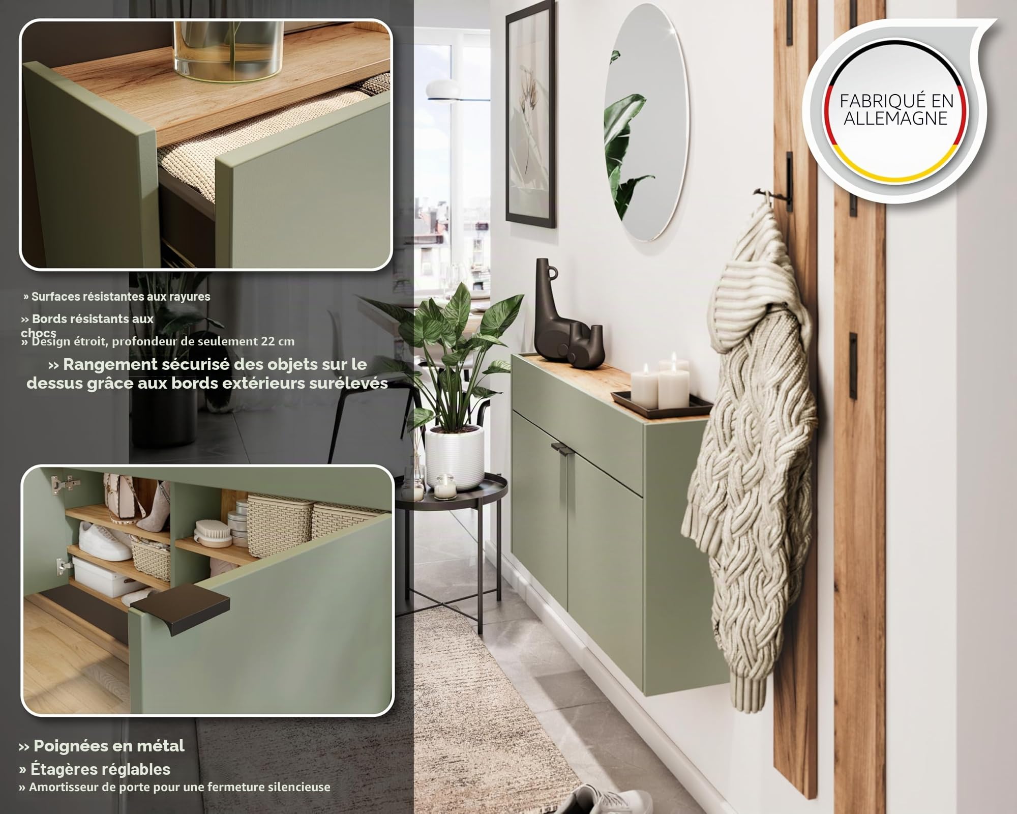 Germania Armoire à Chaussures 1398-629 GW-Ameca, en Coloris Vert Taupe/chêne, Profondeur Faible, Optimale dans Les Couloirs Étroits, 110 x 57 x 22 cm (l x h x p)