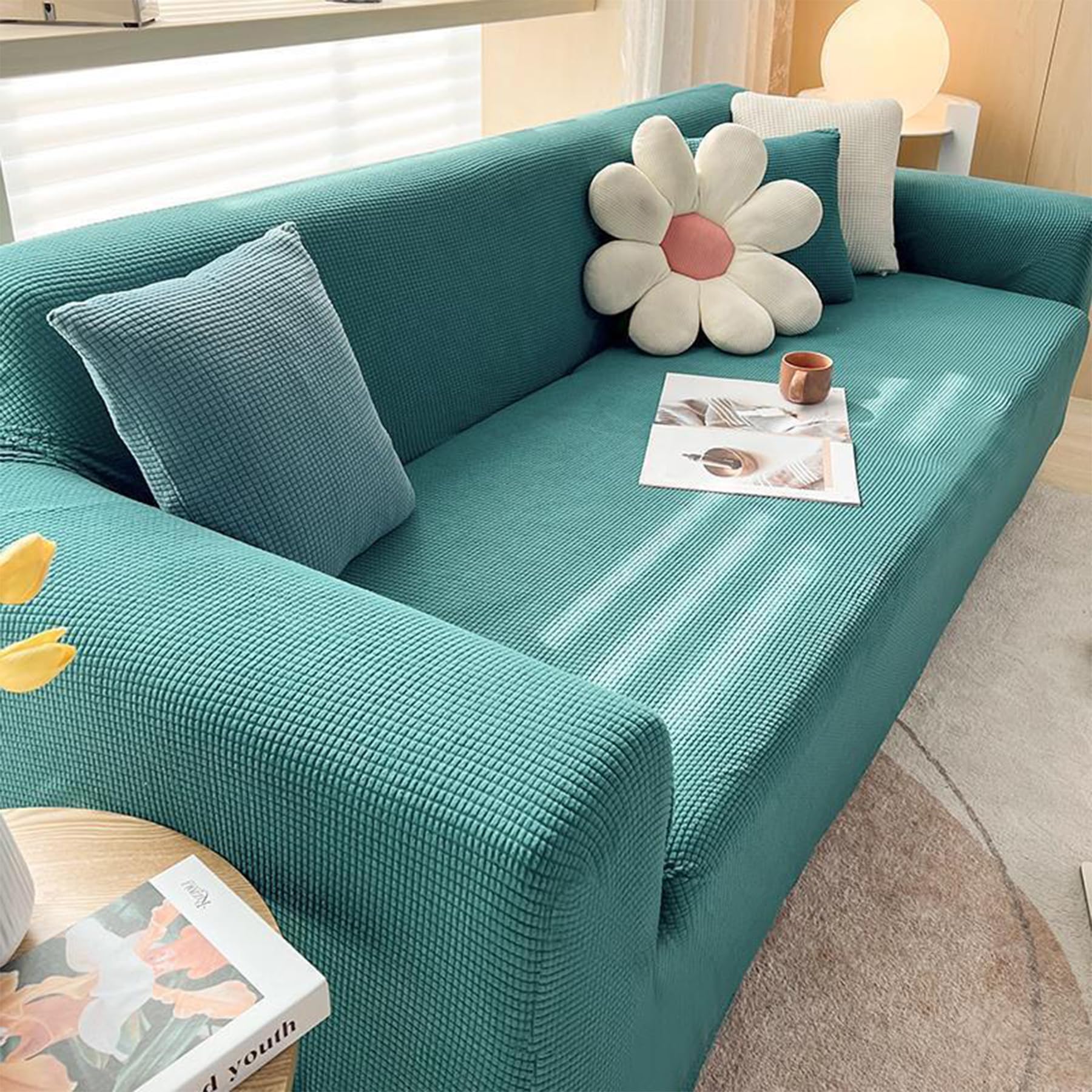 AYLFBFU Sofa Cover Polyester Spandex Jacquard Fabric Couch Covers 1 Seater and 2 Seater Pets Dogs Friendly, Anti-Wrinkle, Stretchy Sofa Covers with Foam Sticks & Elastic Straps Dark Green (2 pcs)