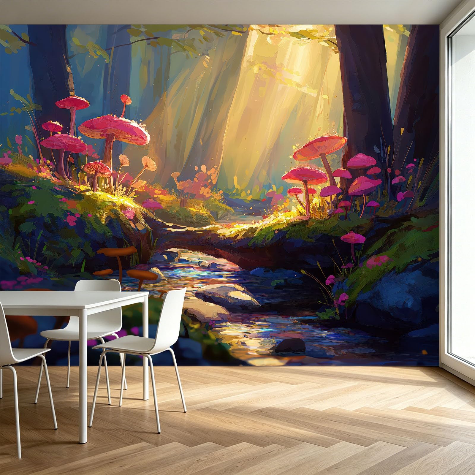 Tapeta z motywem lasu fantasy, 350 x 256 cm, tapeta, potok, mech, grzyby, tapeta na fizelinie, obraz ścienny, do pokoju dziecięcego, lounge, nowoczesna tapeta ścienna, dekoracja ścienna